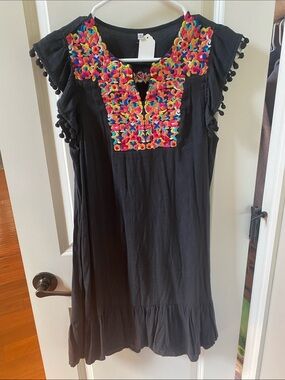 Black Casual Women's Dress with Colorful Embroidered Yoke